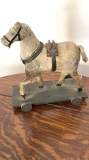 Antique Pull Along Toy Horse Wheels Wooden Play Worn & Repaired 9" 22cm