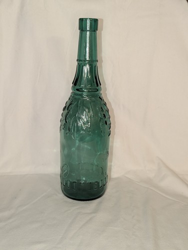 Decorative Green Glass Bottle Embossed Fruit Grapes Leaves Design Emerald 11.5" - Picture 2 of 4