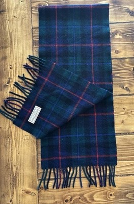James Pringle Weavers Scarf 100% Wool Plaid Green Navy Scotland Fringe 56x10