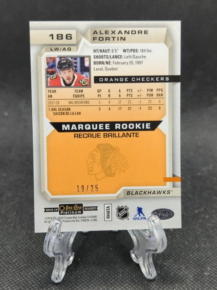 2018-19 OPC Platinum Orange Checkers Alexandre Fortin RC /25 #186 Blackhawks - Image 2 of 2