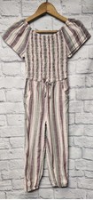JUSTICE GIRLS 6 SMOCKED FLUTTER PINK GREEN STRIPED BOW POCKET JOGGER JUMPSUIT
