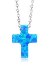 8MM Created Blue Opal Cross Pendant Necklace Unisex 925 Sterling Silver With 18