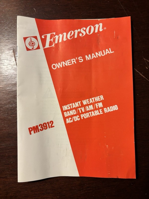 Emerson PM3912 Instant Weather Band TV/AM/FM/AC-DC Portable Radio Manual