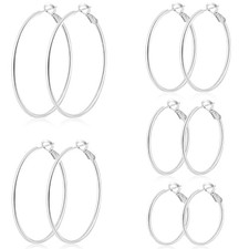 5 Pairs Silver Hoop Earrings for Women, 30/40/50/60/70 mm Hypoallergenic Hoop