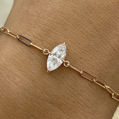 Charm Bracelet Rose Gold 0.9ct F/VS2 Marquise Cut Lab Created Diamond Certified