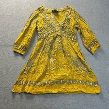 Angie Empire Waist Mini Dress Womens S Mustard Yellow Paisley Boho 3/4 Sleeve