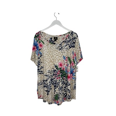 Jm Collection Floral Pink Fireball Combo Short Sleeve Top Plus Size 1X NWT