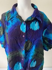 VTG Caribou New York Blue & Purple Button-Up Blouse Sz 2X 100% Rayon USA Made D5