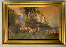 ANTICO QUADRO OLIO TAVOLETTA GENERE PAESAGGIO LACUSTRE PASTORALE GREGGE  PECORE