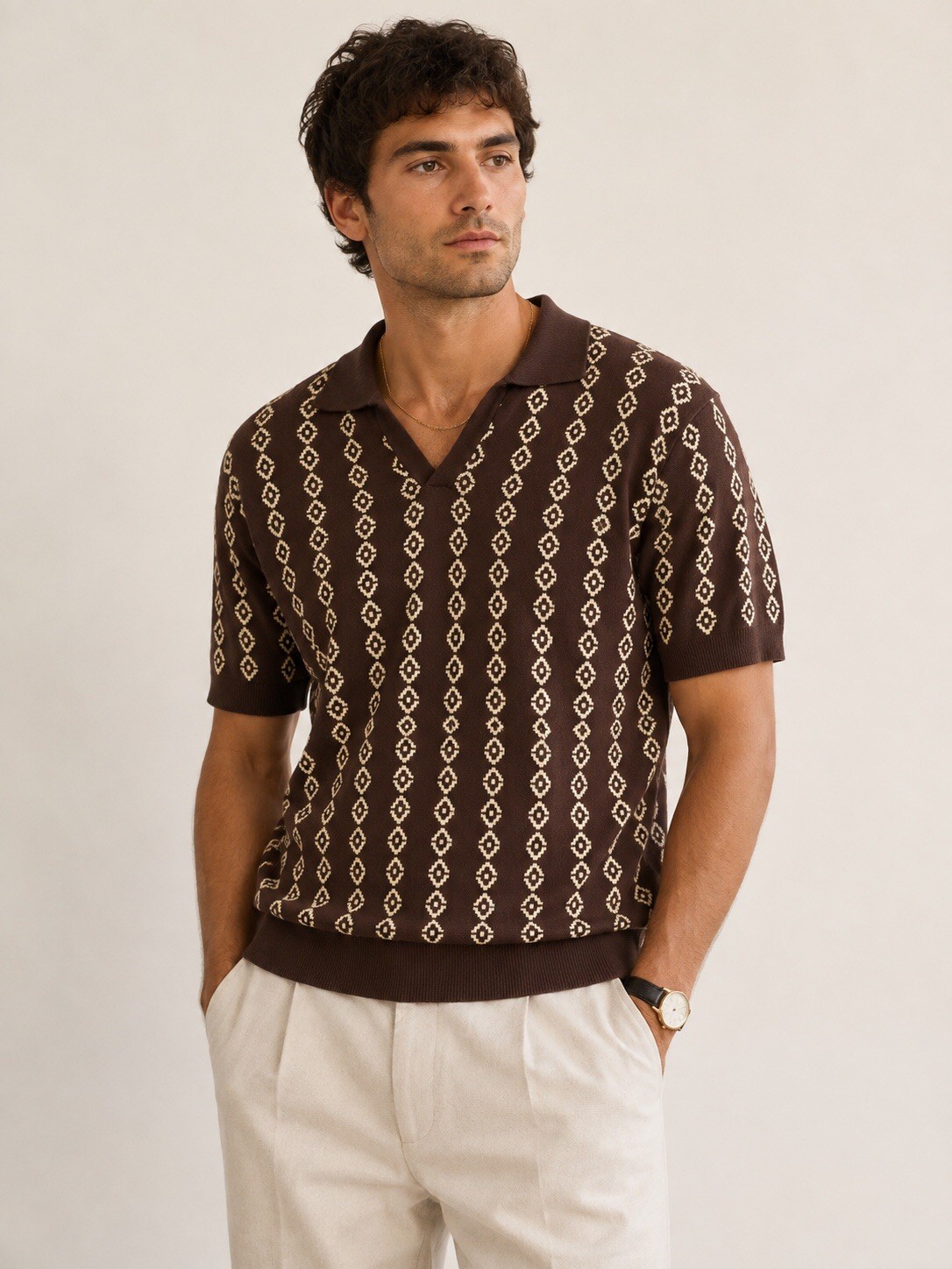 Vintage OXKNIT Store Polo Sweater XL Brown Geometric Knit 100% Cotton Retro
