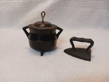 Antique Miniature Cast Iron 3 Footed Lidded Cauldron Pot Kettle & Mini Sad Iron