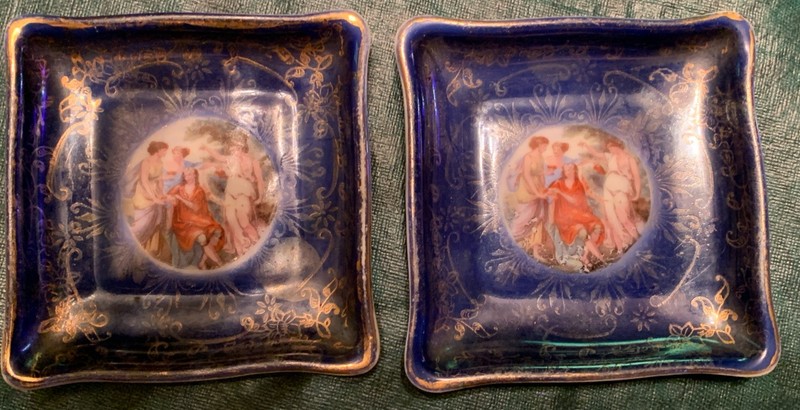 VTG  M&R Victorian Blue Hand Painted Porcelain Cigarette Trinket Box 2 trays