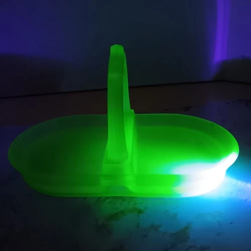 Vtg Green Uranium Vaseline Depression Glass Tray Dish Basket Handle 7.5" UV Glow