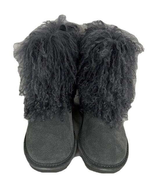 BEARPAW Boo Suede and Curly Lamb Boot-Charcoal-Size 9-NEW