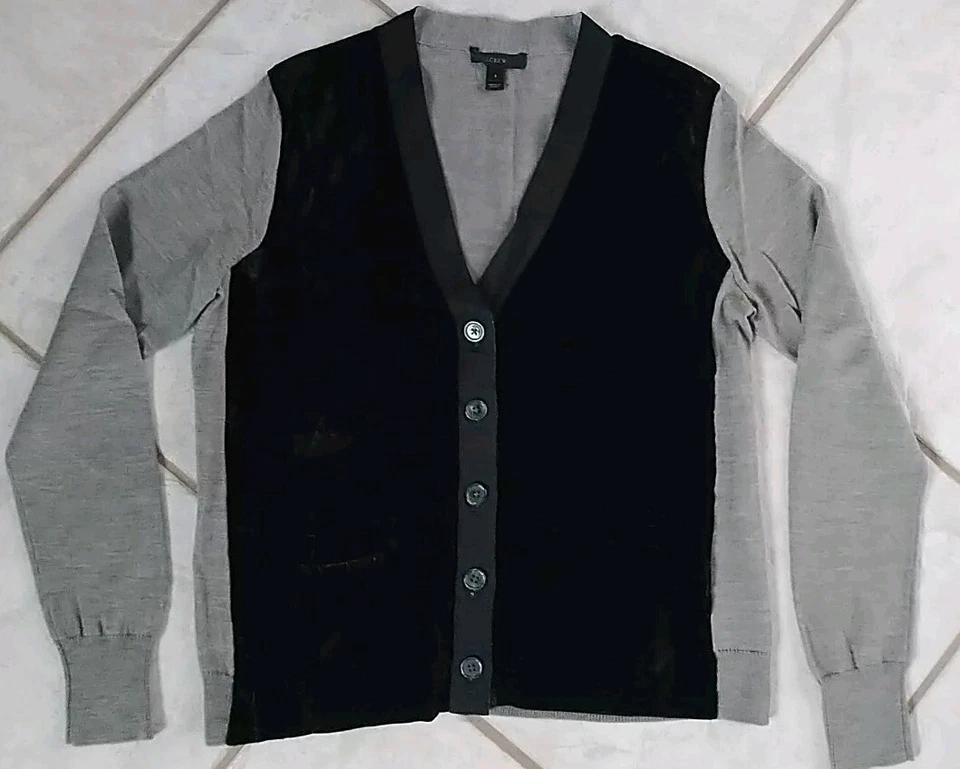 J. Cárdigan Crew Harlow Negro Terciopelo Frontal Gris Lana Merino Suéter S H2642 Foto 2 de 4