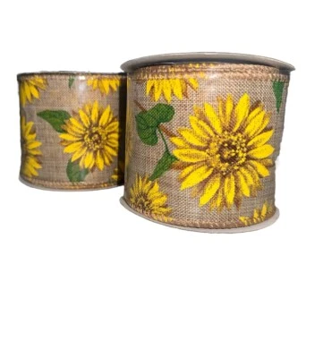 2 SUNFLOWER Ribbon 2.5" x 3 YD Wired Edge Farmhouse Country Rustic Fall Autumn - Image 1 of 4