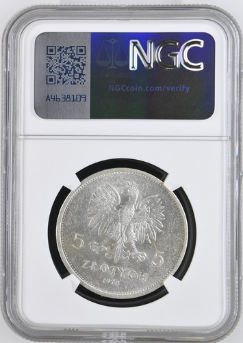 1928K Poland,Republic SCARCE Conjoined arrow and K mint mark 5 Zlotych NIKE NGC - Picture 3 of 3