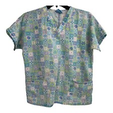 Scrub HQ Scrub Top Womans Small Blue With Flower Print With Pockets