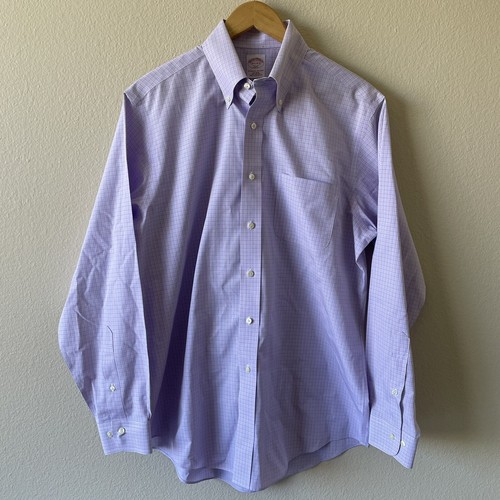Brooks Brothers 346 camicia con bottoni uomo 15,5- 4/5 slim manica lunga viola check - Foto 2 di 7