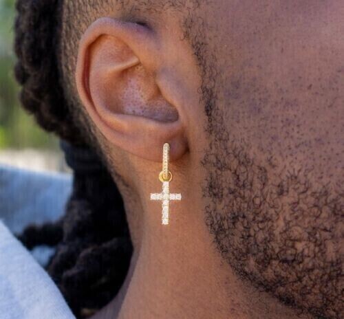 Diamond Earrings Mens Gold Hoop Earring With Cross Round Lab