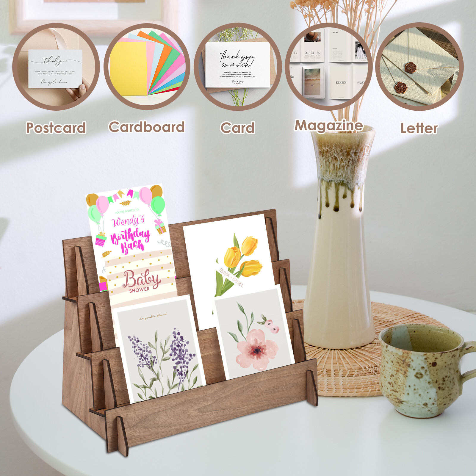 Wooden 4-Tier Card Display Stand for Postcards and Decorative Use
