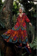 NWT_Farm Rio V-Neck Blouson-Sleeve Yawanawa Ruffle Maxi Dress Sz XS_Run big_Boho