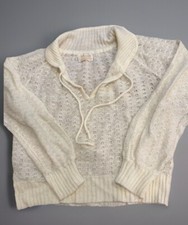 VTG 70s Polo Sweater Collared Cream Open Knit Hippie Soft Girl Tie Neck Large