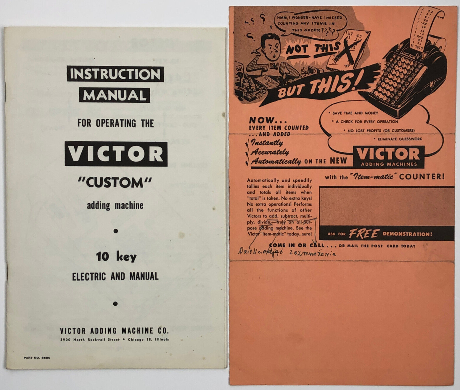 1961 Victor Custom Adding Machine 10 Key Instruction Manual for 75-85-54