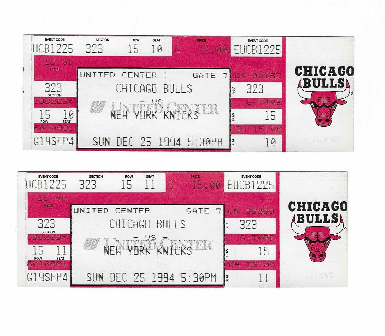 Chicago Bulls vs New York Knicks Unused Basketball Tickets From 12/25/1994
