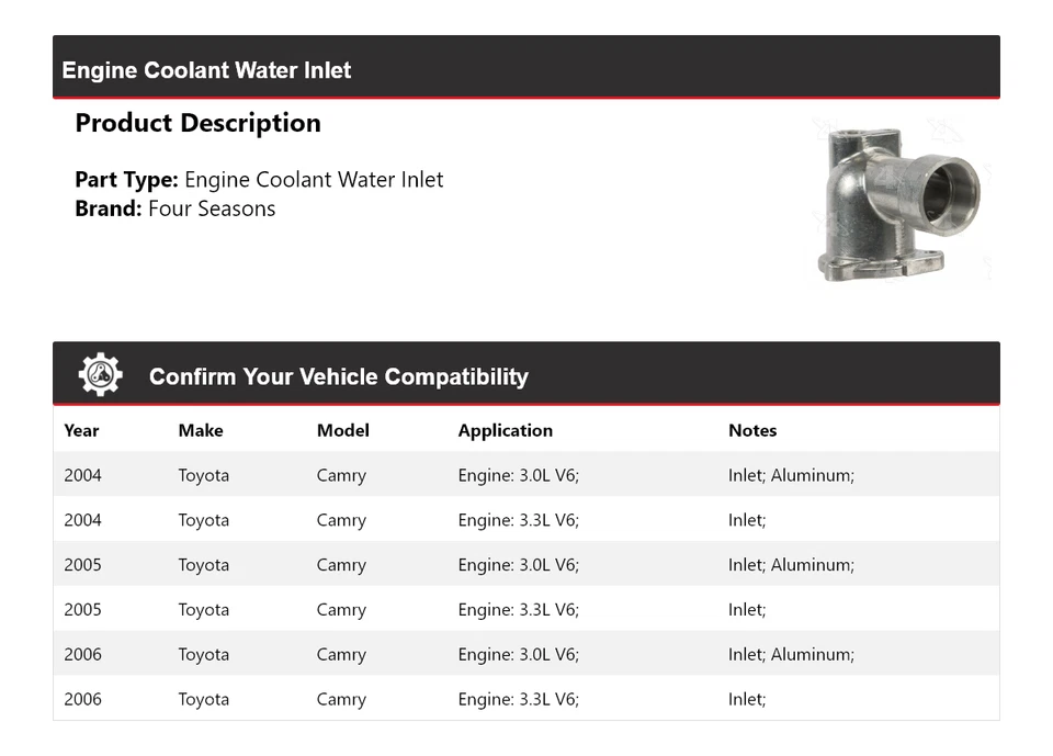 Впускное отверстие для воды охлаждающей жидкости двигателя Toyota Camry 2004-2006 годов выпуска 4 сезона 2005 - Изображение 2 из 4