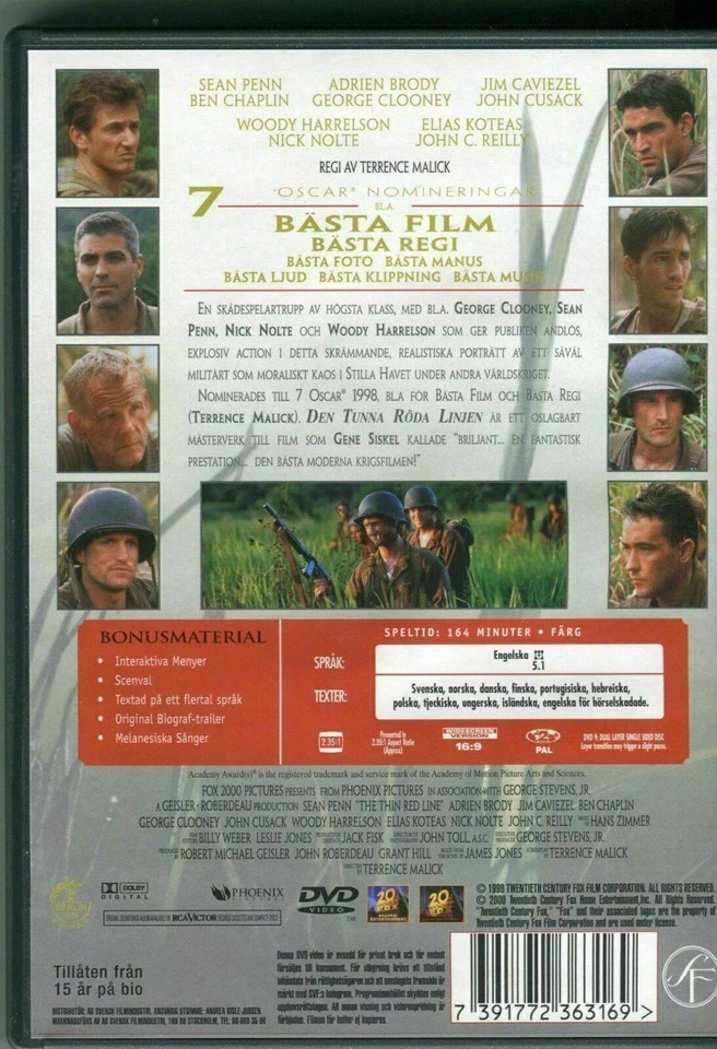 Tunna Röda Linjen (Thin Red Line) DVD Swedish Market Release Movie/Film - Image 2 of 2
