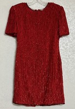 Laurence Kazar VTG 80s Red Sequin Silk Lined Cocktail Dress Knee Length Petite L