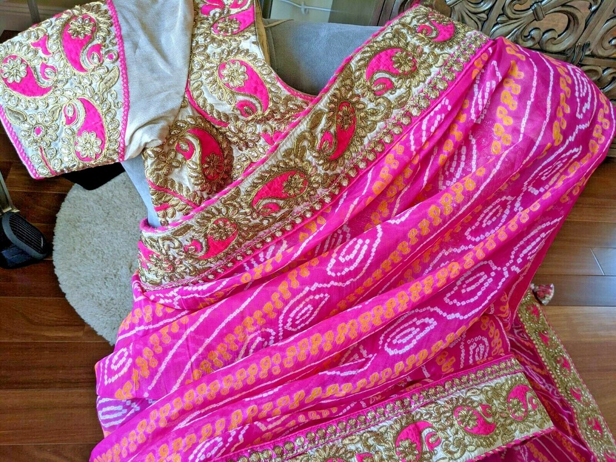 Pink Bandhani georgette with zardosi work on border and blouse