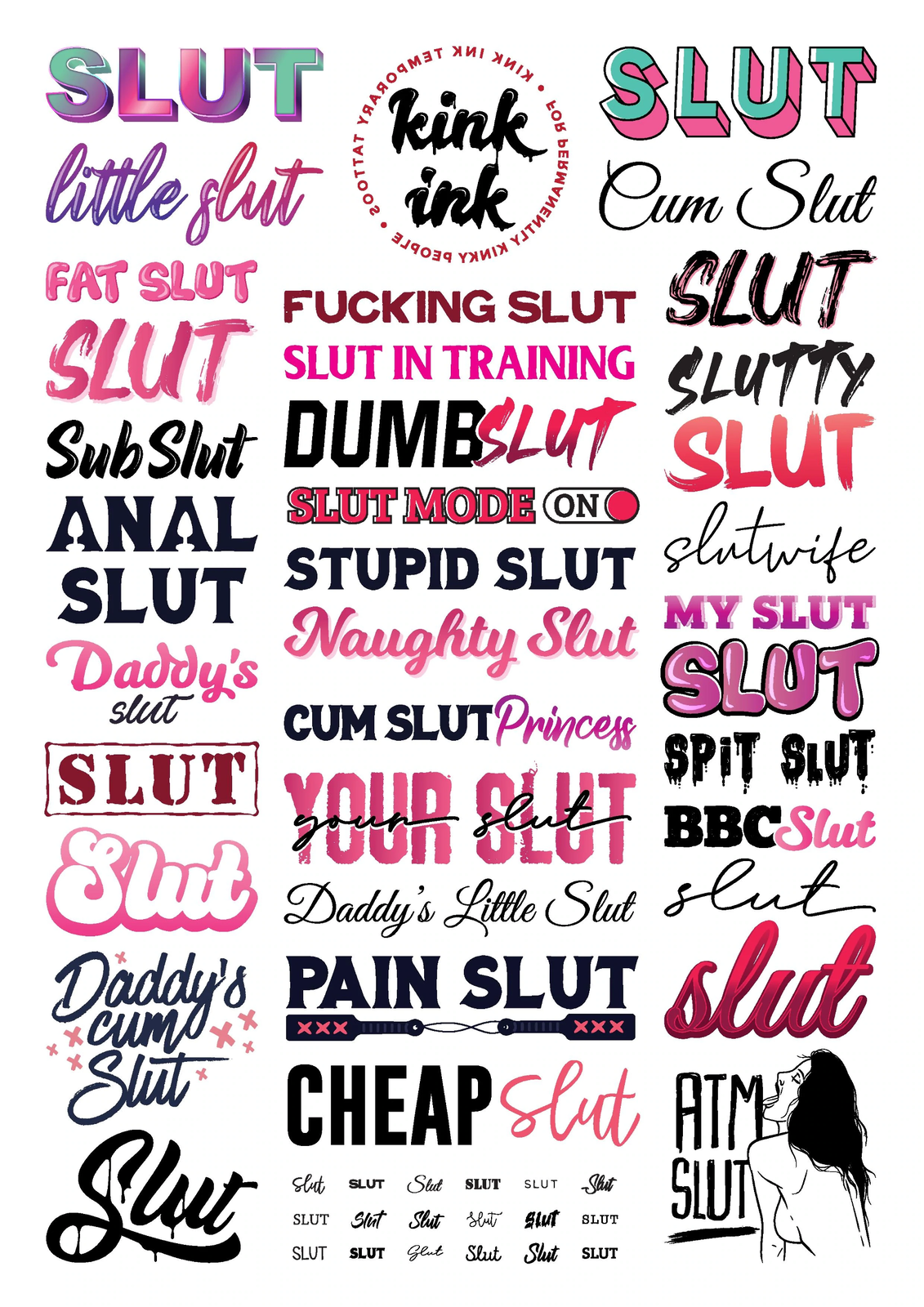 34 Slut Temporary Tattoo A4 Sheet For Sexy Naughty Adult Bdsm Cuckold 