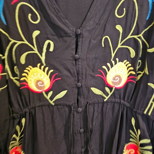 Black Maxi Kimono Duster Dress Embroidered Batwing Sleeves Deep V-Neck Button XL - Picture 4 of 8