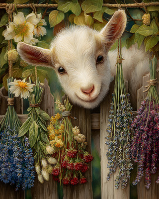 8x10 Cozy Storybook Goat with Flowers Art Print Classic Illustration - 880342019
