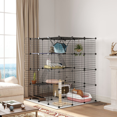 Katzenkäfig 4-stufig schwarz Stahl PP 105x105x140cm Indoor Catio mit HängematteRampenTüren