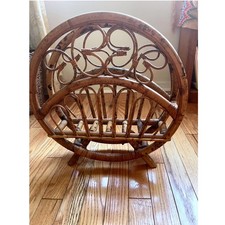 Vintage MCM Rattan Magazine Rack Burnt Bamboo Boho Circle Record Holder 16.5in