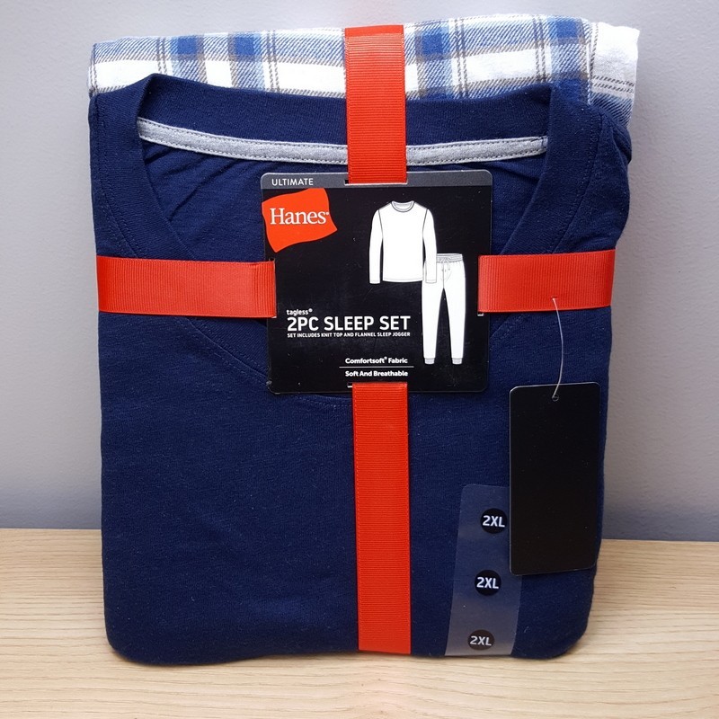 すけ様 HANES Pajama Set Mens XXL Blue Pullover Long Sleeve Crew Plaid