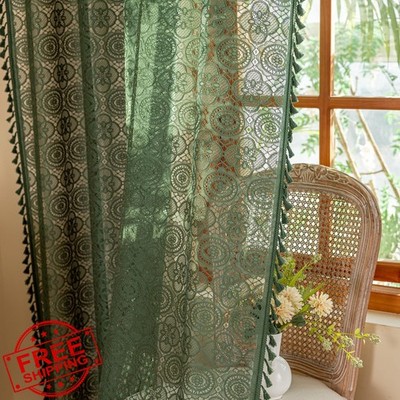 YJ YANJUN Boho Lace Curtains Green 59''W x 96''L (2 Panels)