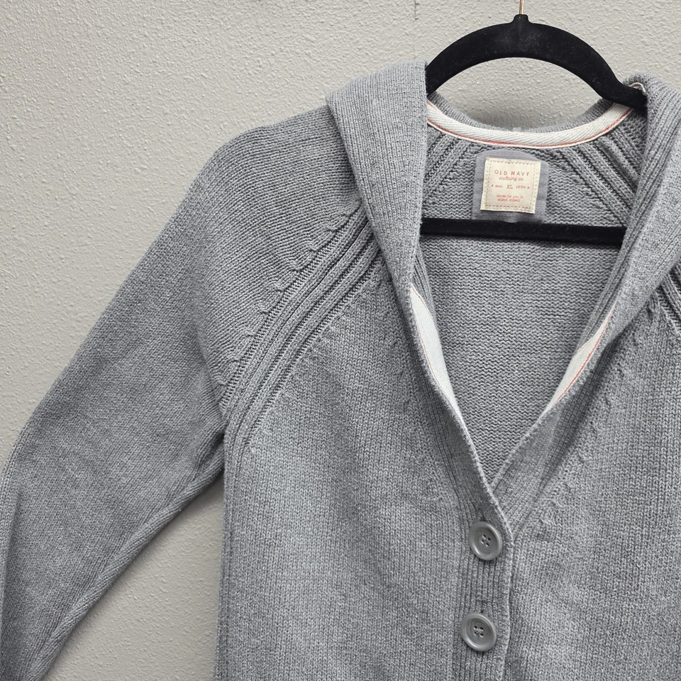 Antiguo Suéter Azul Marino Para Mujer XL Gris Con Capucha Botón Frontal Cárdigan Algodón Bolsillos Foto 2 de 4