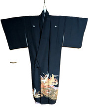 Vintage Japanese Black Tomesode Kimono Gold Crane Design, Silk, 5 Crest