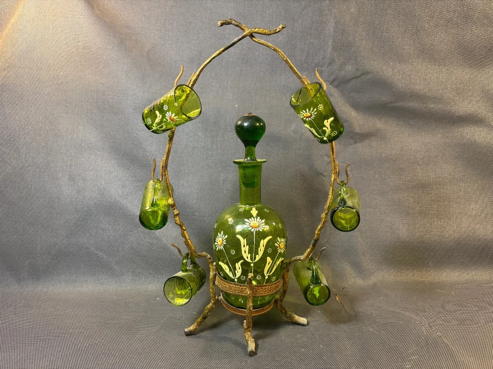 Ancien présentoir à verres avec carafe et 6 verres émaillés 19ème métal doré - Photo 2/4