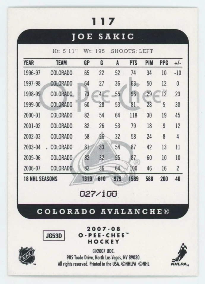 2007-08 O-PEE-CHEE Joe Sakic #117 MICROMOTION BLACK /100 - Image 2 of 2