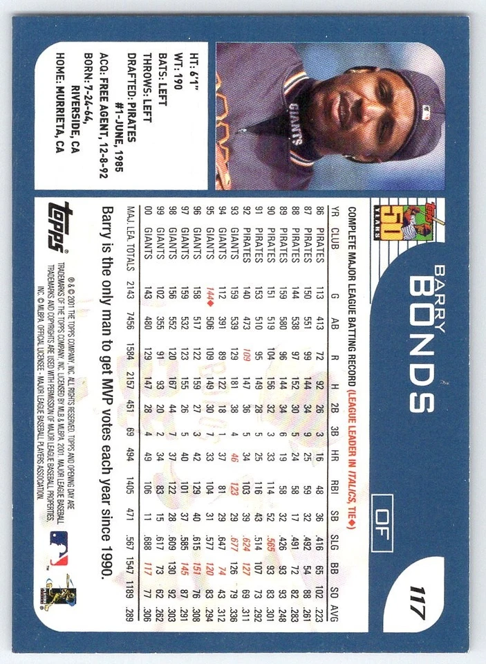 2001 Topps - Barry Bonds #497 Giants Opening Day - Image 2 of 2