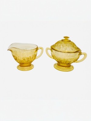 Federal Glass Company Sharon  Cabbage Rose  Creamer and Lidded Sugar