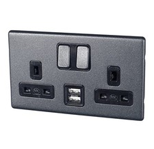 MK K24344LBKB 2 Gang Switched Socket with USB Lustrous Black Screwless Flatplate