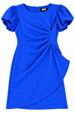 DKNY Women's Blue Ruched Draped Sheath Dress Puff Sleeve Cocktail Party NWT
