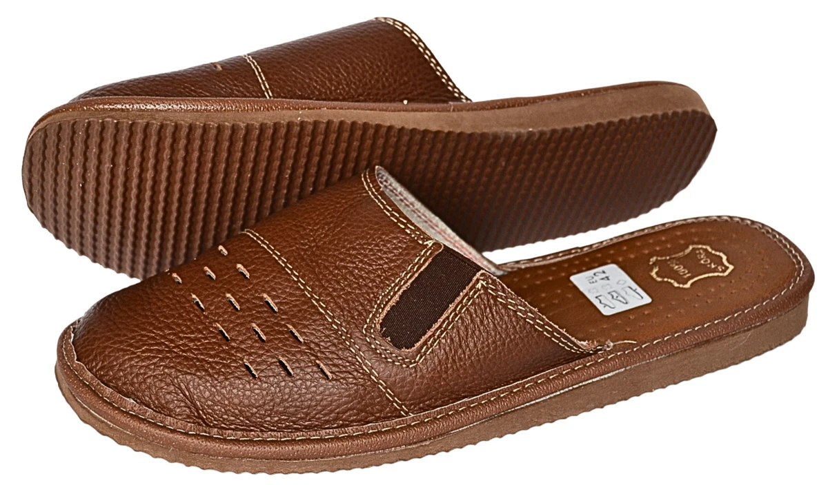 Herren Leder Hausschuhe Rindsleder  Pantoffeln Braun Latschen Schlappen Gr.40-46