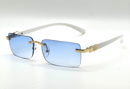 Herren Vintage Gold Gestell Randlos Hip Hop Schwarz Holzmaserung Klare Gläser Brille - Bild 103 von 104